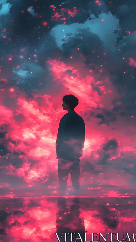 Stargazing soul stands quietly within glowing cosmic clouds