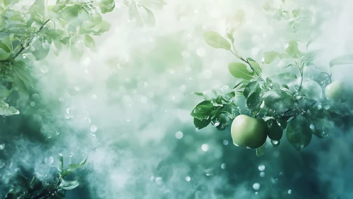 Misty orchard morning with dewy green apples aglow.