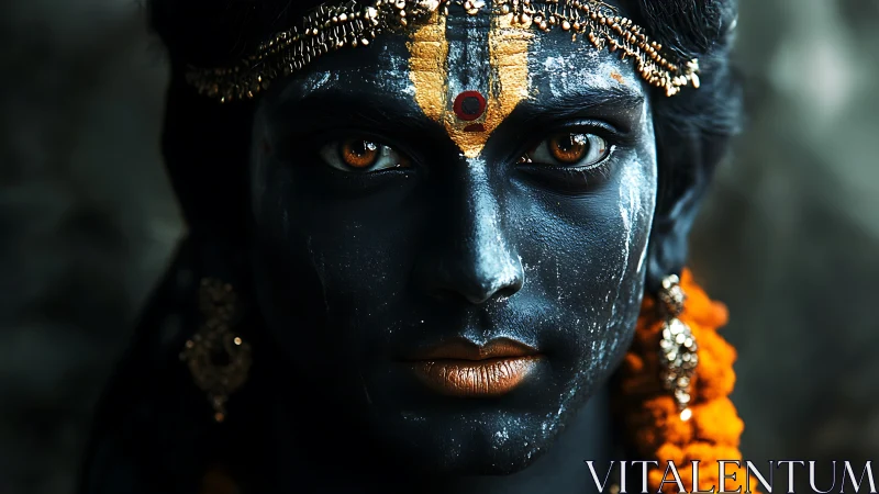 Close crop portrait of blue-painted face with gold adornment
