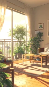 Sunlit indoor garden lounge basking in golden afternoon calm.