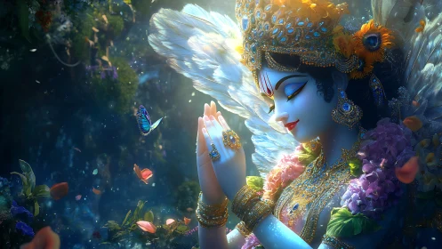 Divine winged deity in jeweled prayer amid glowing garden