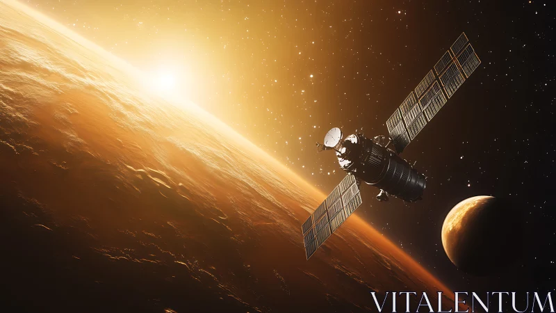 Solar-powered satellite glides above glowing alien world.