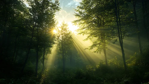 Sunlight Streaming Through Lush Green Forest at Dawn, Nature Photography.