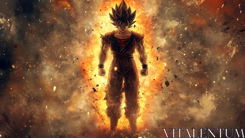 Saiyan warrior silhouette ignites cosmic inferno aura