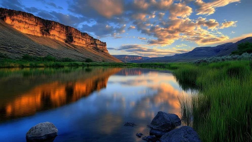 Sunlit canyon walls mirrored in a river of painted sky.
