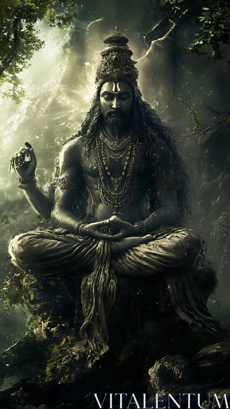 Meditating robed figure with ornaments in forest setting.