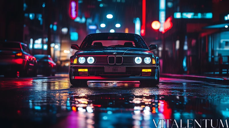 Black BMW coupe in neon lit rainy city street at night.