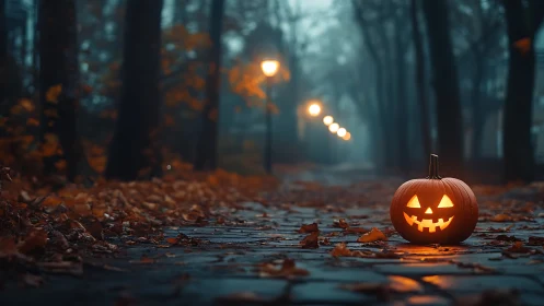 Jack o lantern glows along foggy autumn park path.