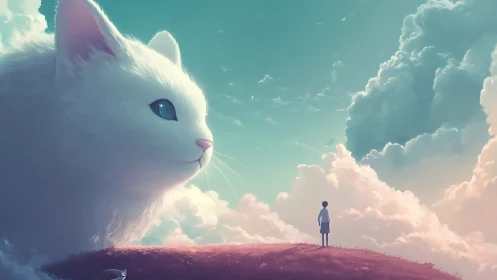 Giant white cat watches lone child under pastel sky.