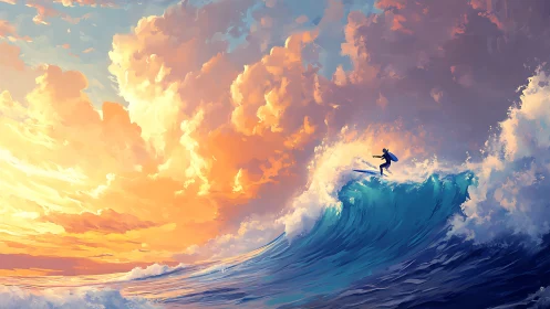 Surfer balancing on cresting wave under vivid sunset sky.