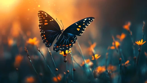 Butterfly hovers over orange wildflowers in shallow focus field