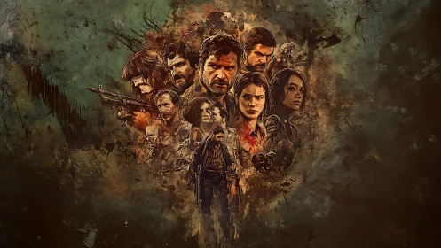 Survivors encircled by chaos in gritty post‑apocalyptic art.