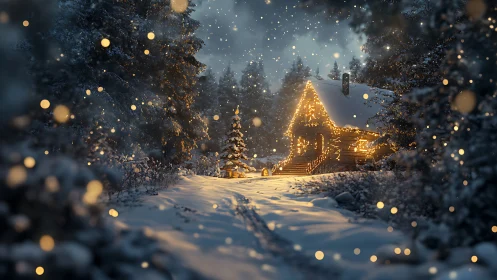 Snowy forest cabin illuminated by warm festive string lights