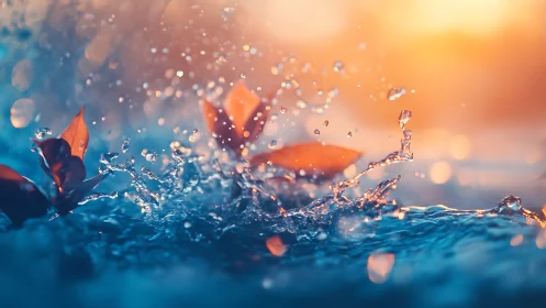 Sunlit water splashes dancing around glowing orange leaves.