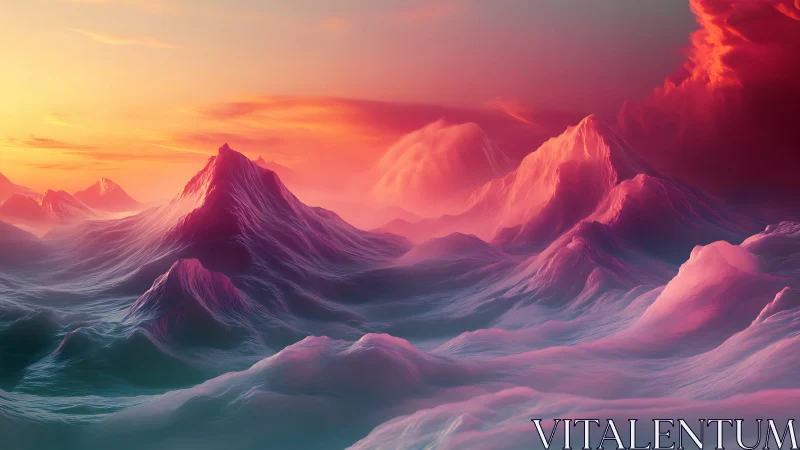 Dreamlit frost mountains under molten cotton skies.