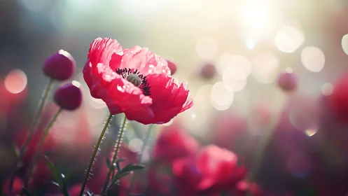 Red poppies backlit with bokeh blur and soft light.