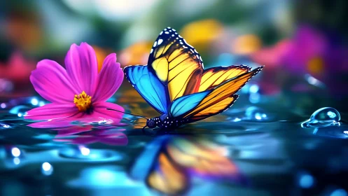 Digital painting of vivid butterfly and cosmos bloom on water.