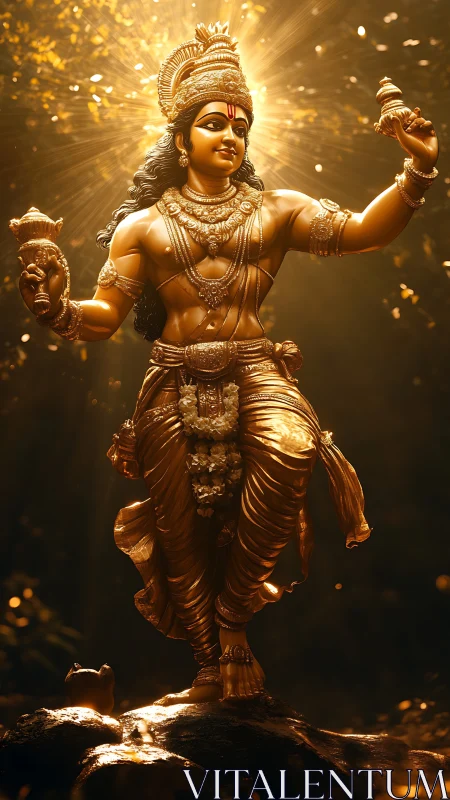 Golden Hindu deity statue glows in radiant forest light.