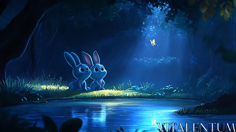 Moonlit forest pond with rabbits observing a luminous firefly