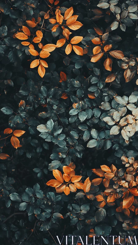 Copper leaves emerging through deep teal foliage pattern.