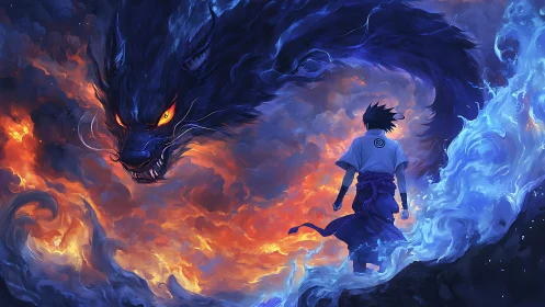 Human figure confronting large spectral beast in flames.