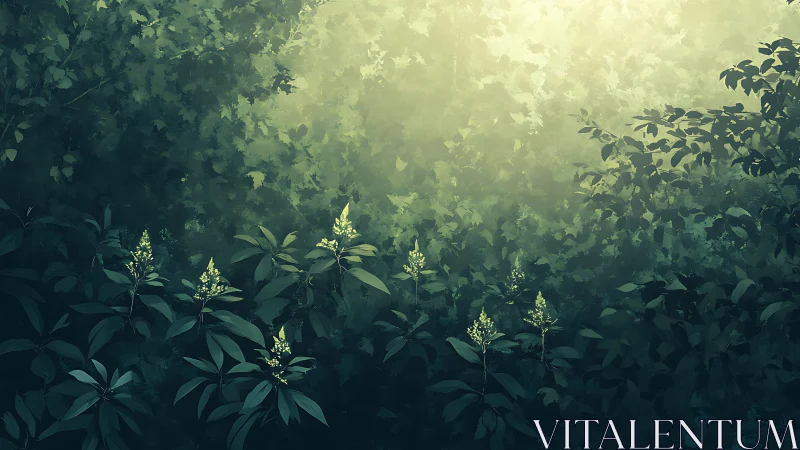 Illuminated forest understory with flowering plants beneath canopy.