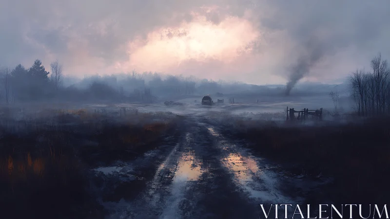 Mist-laden rural track with reflective mud and distant smoke plume.