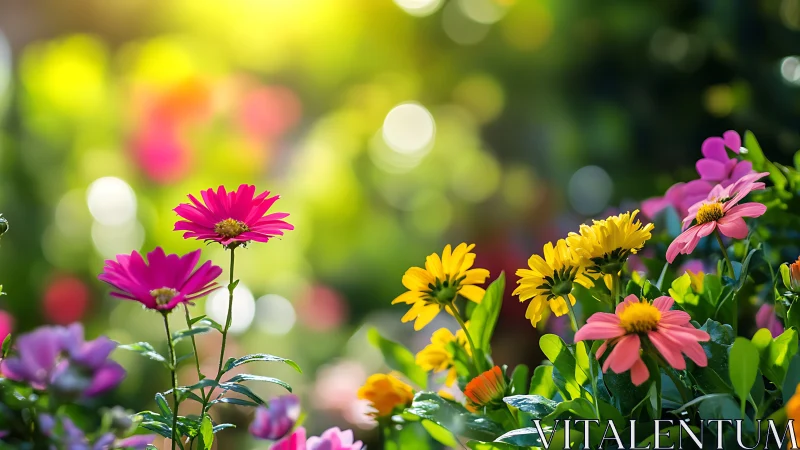Bright pink and yellow daisies in a sunlit garden border.