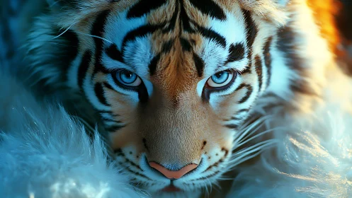 Close frontal view of tiger face with blue tinted lighting.