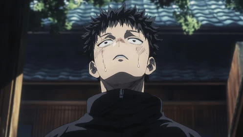 Tearful anime boy looks upward, caught in a raw quiet moment