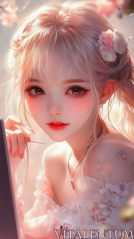 Soft-lit anime girl with floral hair accents in pastels.