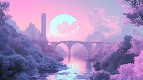 Pastel celestial bridge spans ethereal valley under oversized sun