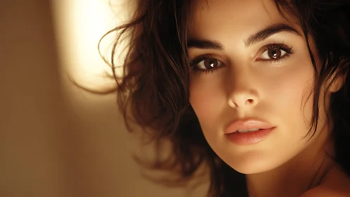 Close-up portrait of woman with soft warm lighting.