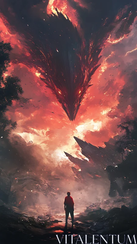 Lone figure stands beneath descending fiery sky entity