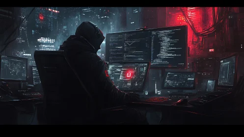 Hooded computer operator in dark cyber control workstation.