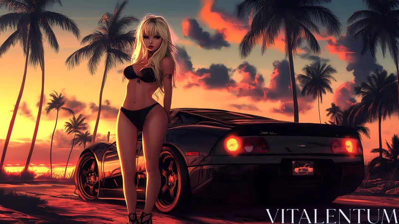 Neon-lit sports coupe and bikini figure in stylized sunset tropics.