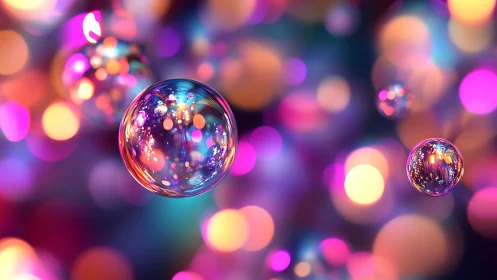 Iridescent soap bubbles drift across neon bokeh field