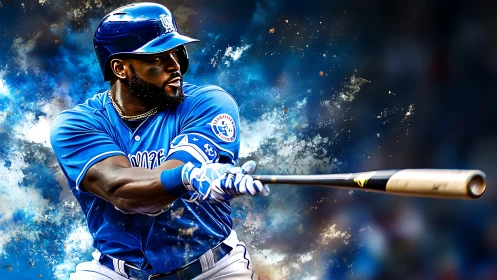 Power hitter in blue uniform swings bat amid energy burst.