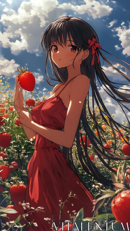 Backlit anime girl studies ripe strawberry in sunlit field