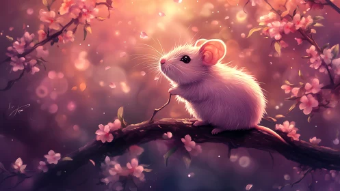 Blush pink mouse rests on blossom branch at sunset glow.
