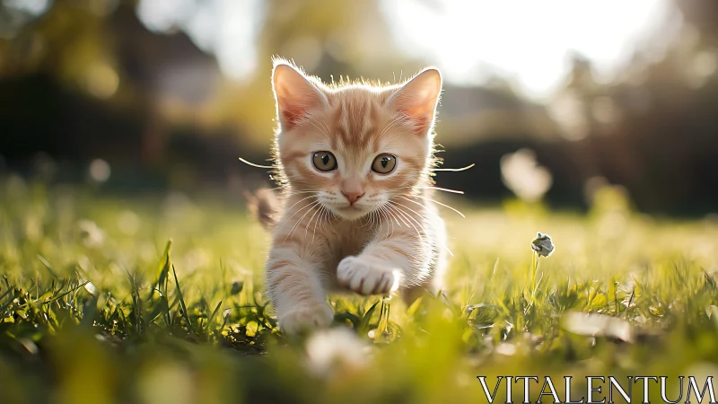 Ginger Kitten Prowling Through Spring Meadow.
