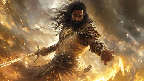 Fiery warrior commands incandescent blade in golden storm.