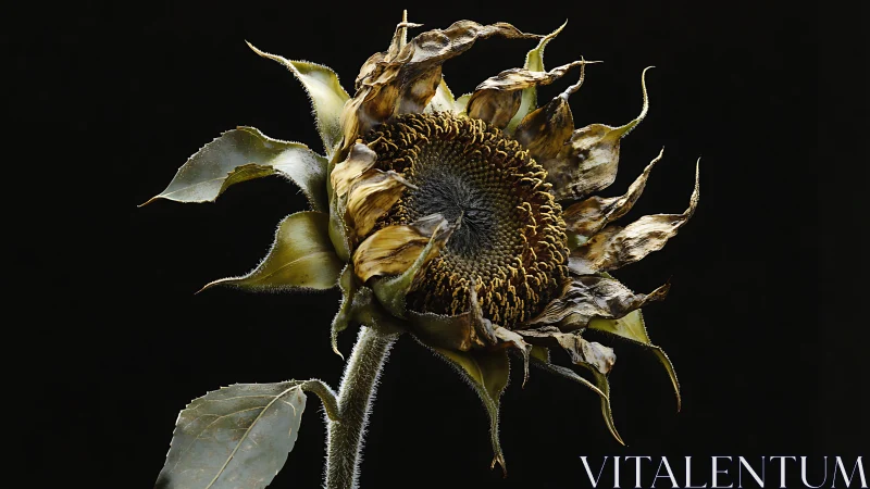 Withered sunflower head under dramatic low key lighting.