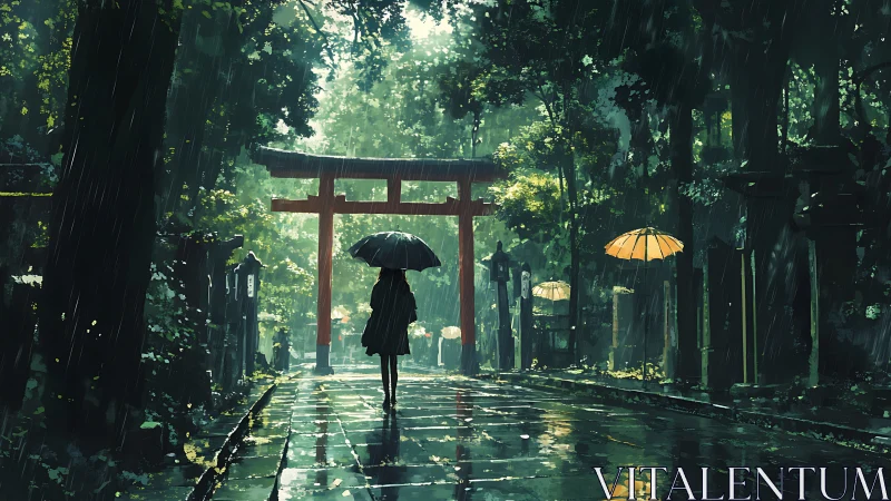 Rain-soaked shrine path with torii gate and solitary umbrella figure