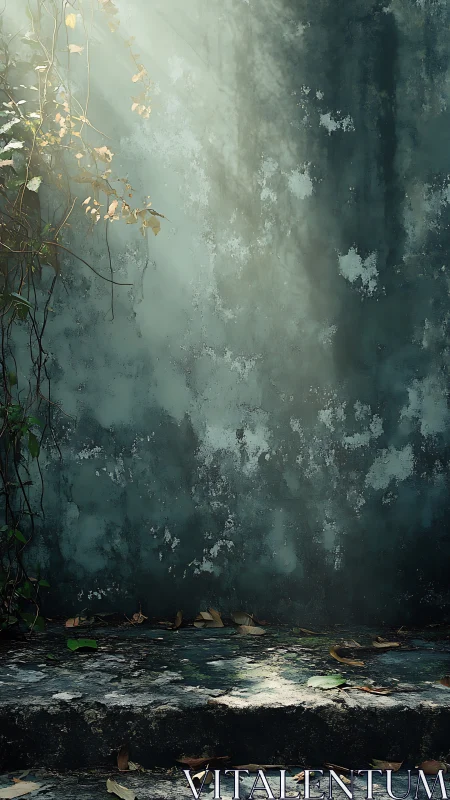 Sunlit ivy traces aging plaster wall in atmospheric chiaroscuro
