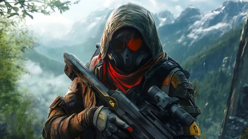 Hooded sniper stalks alpine ridge in tactical gear.