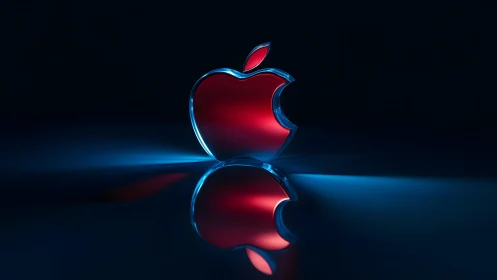 Glossy red Apple logo with blue neon reflection, digital art style.