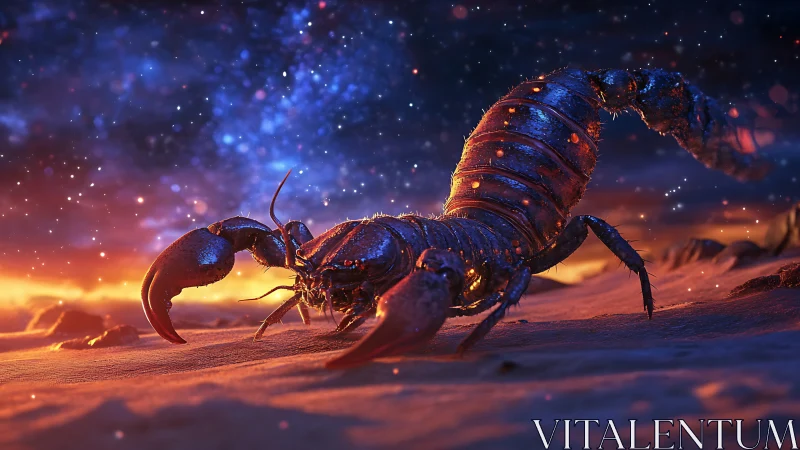 Bioluminescent desert scorpion under cosmic twilight sky.