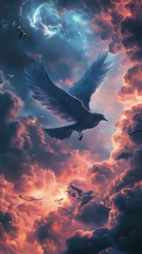 Celestial dove traverses volumetric nebula clouds under crescent moon