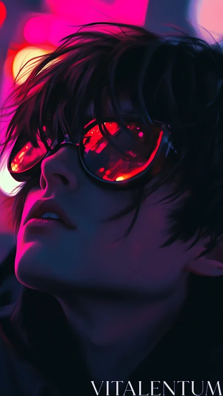Neon-lit portrait captures a reflective gaze in cyberpunk glow
